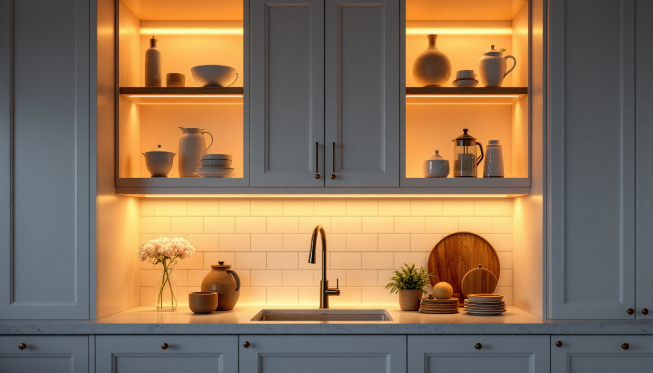 A photograph of a beautifully designed kitchen or cabinet interior featuring various styles of in-cabinet lighting
