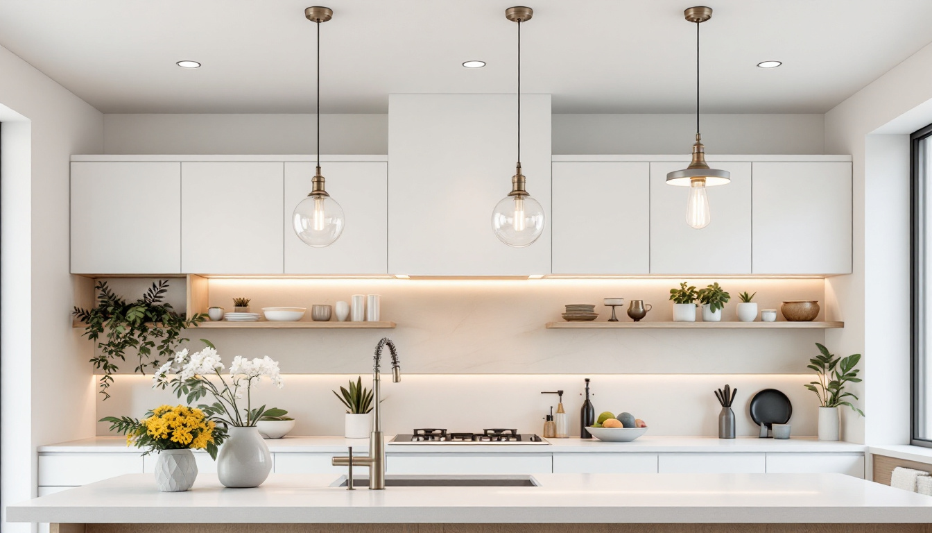 A photograph of a beautifully designed kitchen featuring a variety of ceiling fixtures that showcase different lighting styles