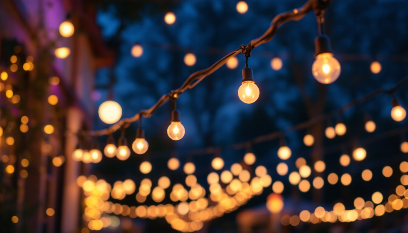 A photograph of capture a photograph of a beautifully illuminated outdoor space featuring string lights elegantly draped across poles
