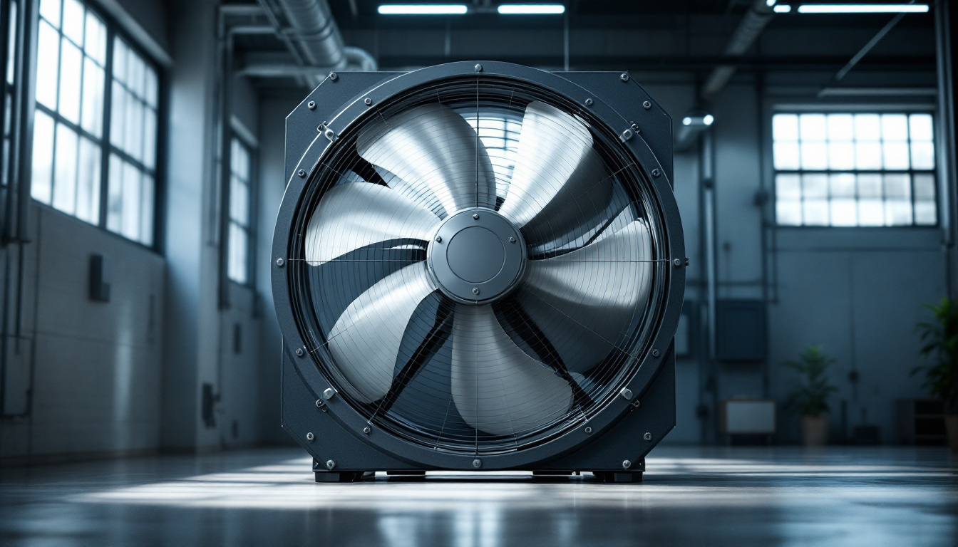 A photograph of a large industrial fan in a well-lit environment