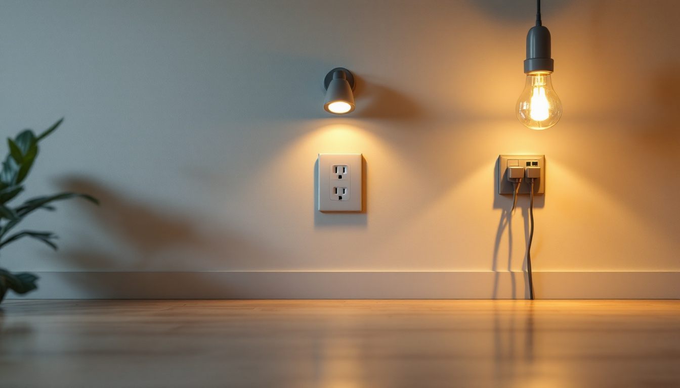 A photograph of a well-lit interior space showcasing various electrical outlets and lighting fixtures