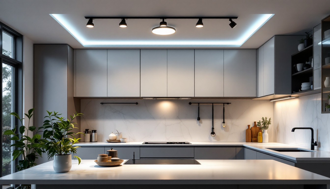 A photograph of a stylish kitchen featuring modern flush mount ceiling lights that illuminate the space