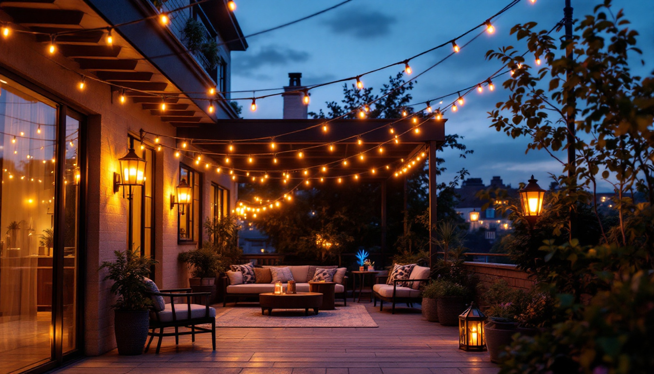 A photograph of a beautifully illuminated patio at dusk