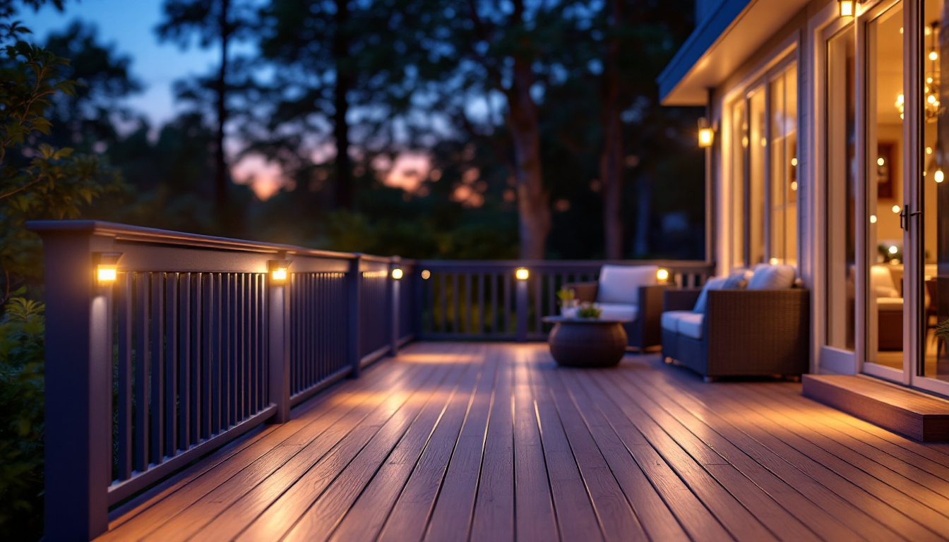 A photograph of a beautifully illuminated outdoor deck featuring solar deck lights in various styles