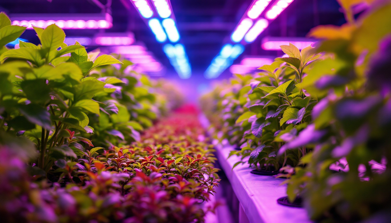 A photograph of a vibrant hydroponic farm showcasing an array of plants illuminated by specialized grow lights
