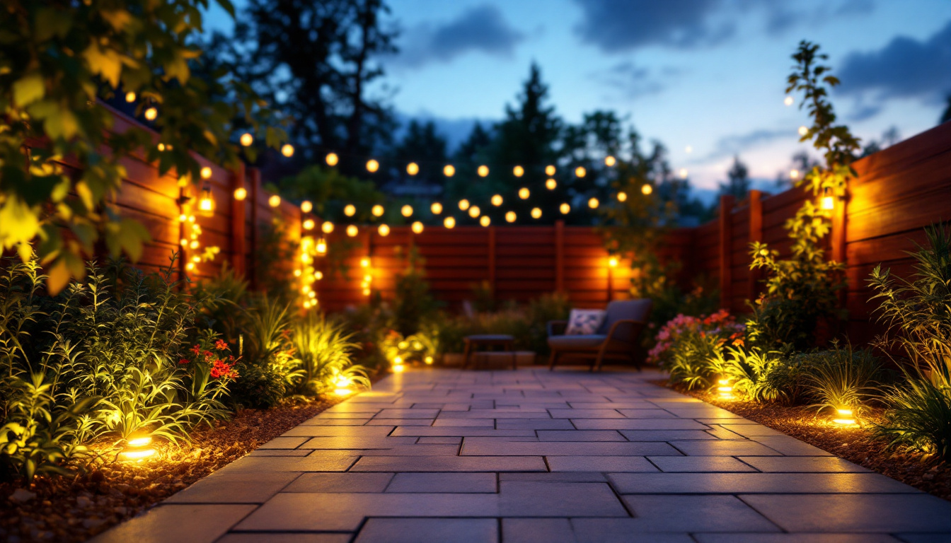 A photograph of capture a photograph of a beautifully illuminated outdoor space featuring solar-powered led tape lighting