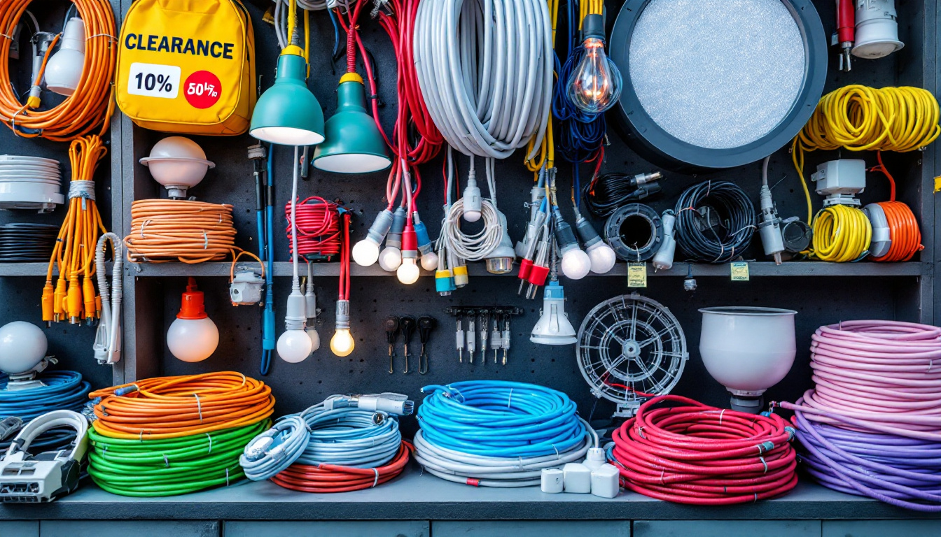 A photograph of a well-organized display of various low voltage wires and lighting fixtures