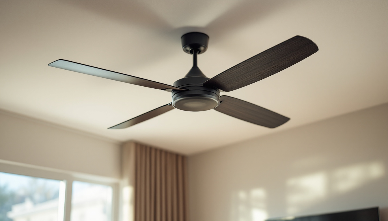 A photograph of a stylish big ceiling fan in a well-lit room