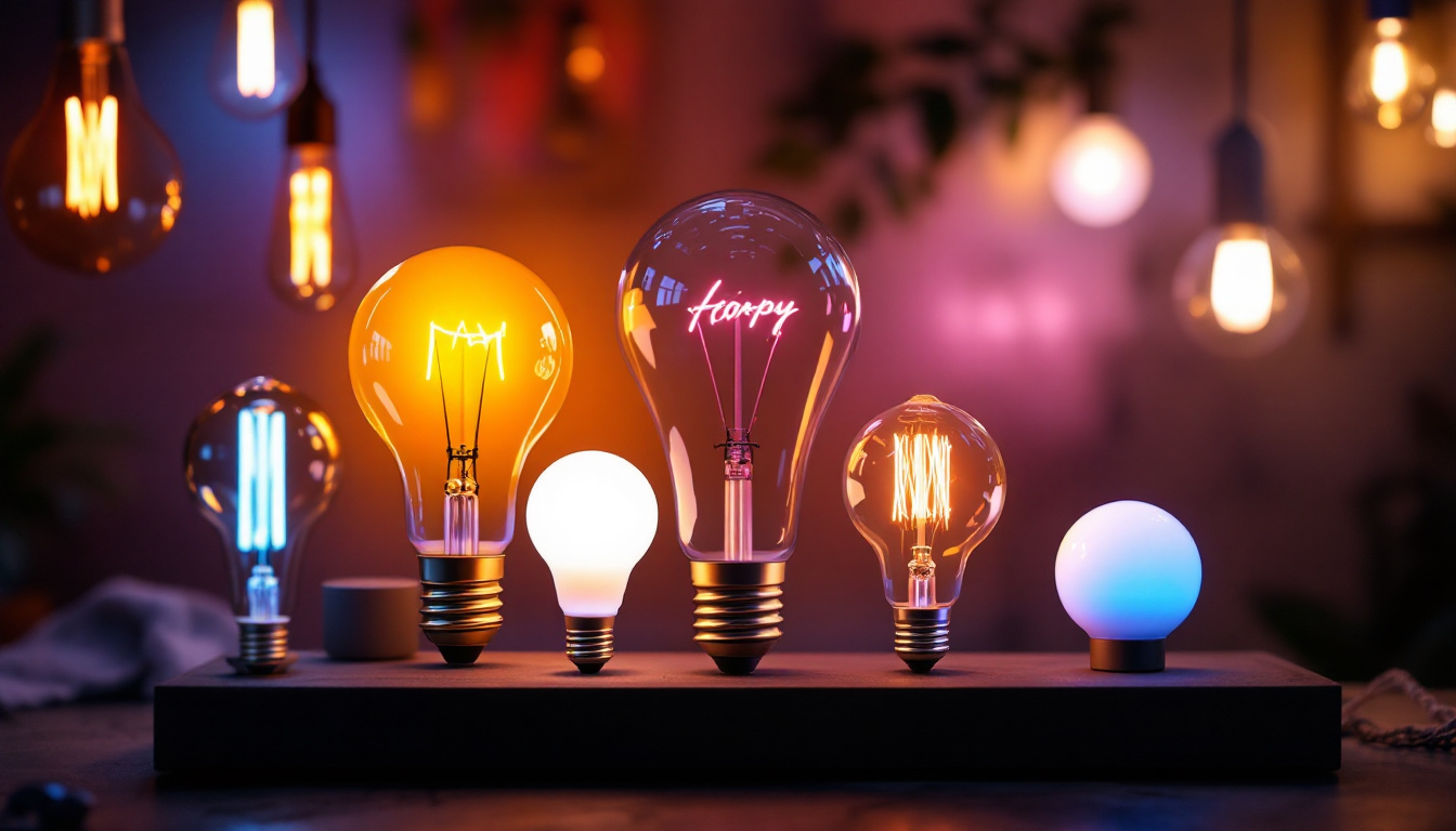 A photograph of a stylishly arranged display of various cool light bulbs in different shapes and colors