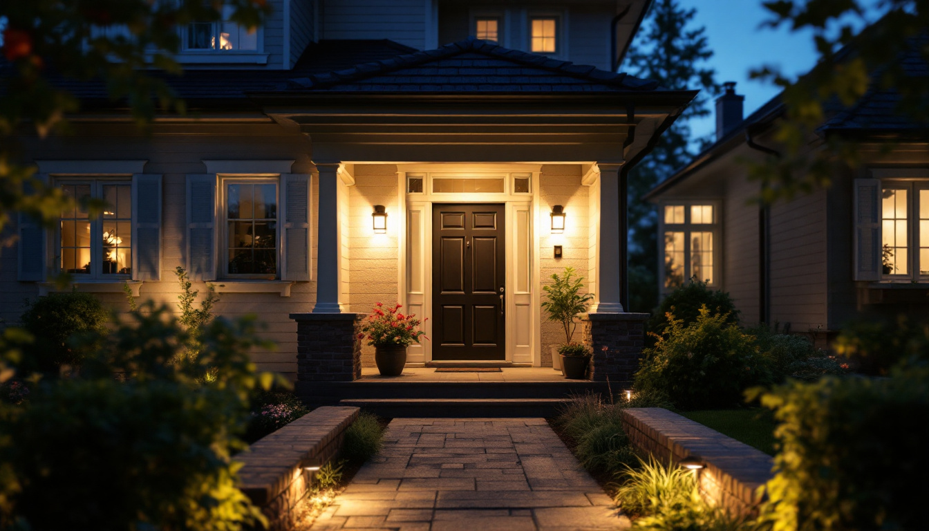 A photograph of a well-lit outdoor space featuring various motion sensor lights in action