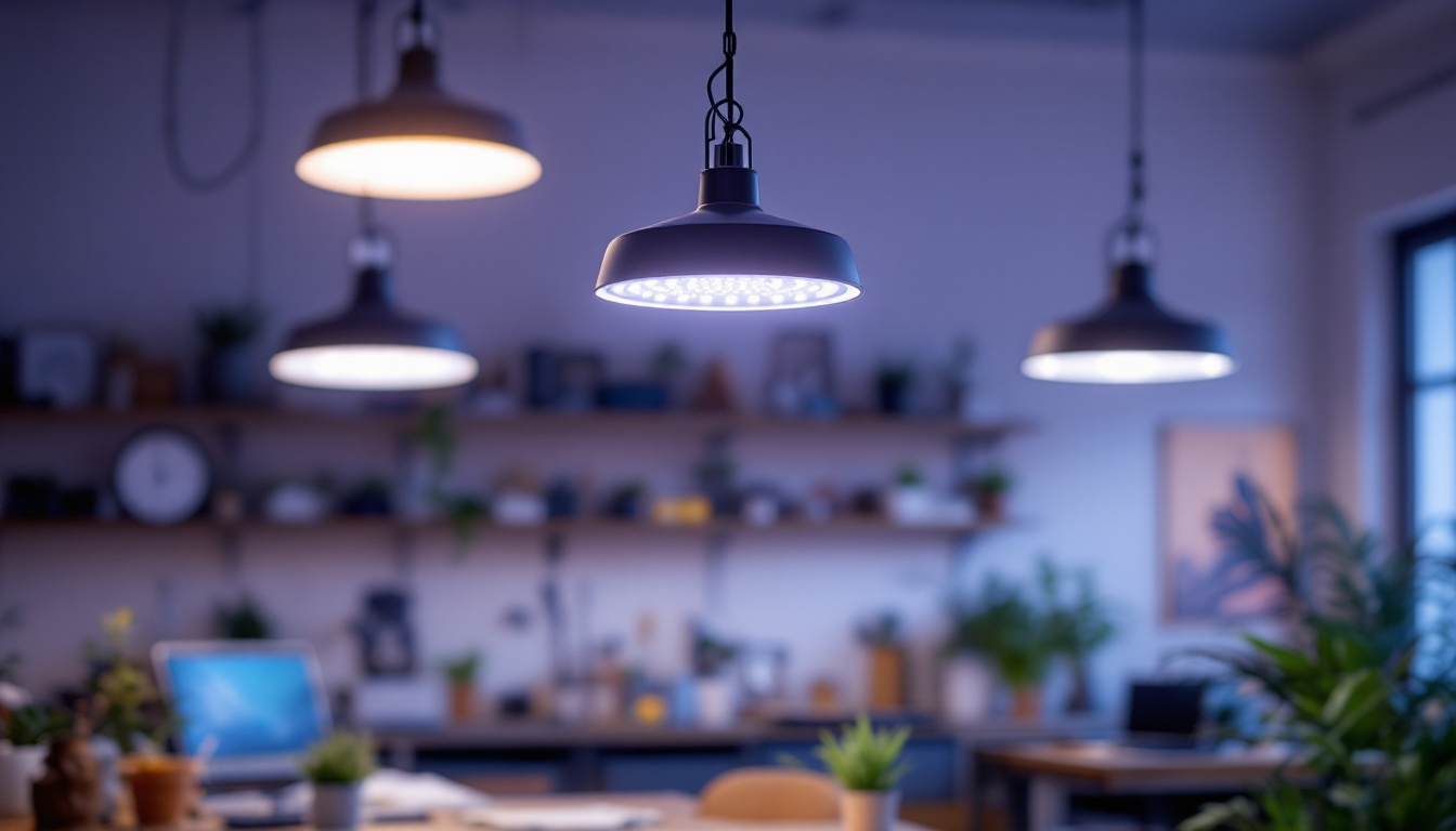 A photograph of a well-lit workspace featuring hanging shop lights with a 48 led configuration