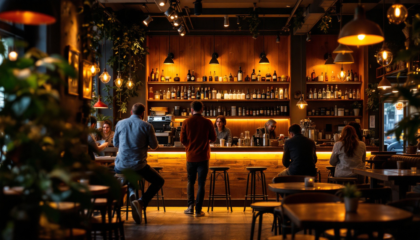 A photograph of a cozy cafe interior featuring warm