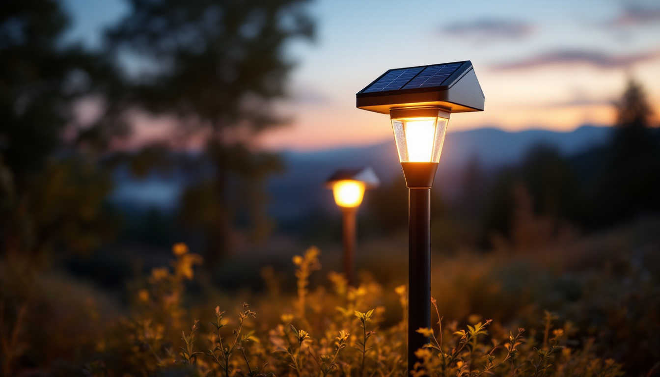 A photograph of a beautifully illuminated outdoor post adorned with a stylish solar light at dusk