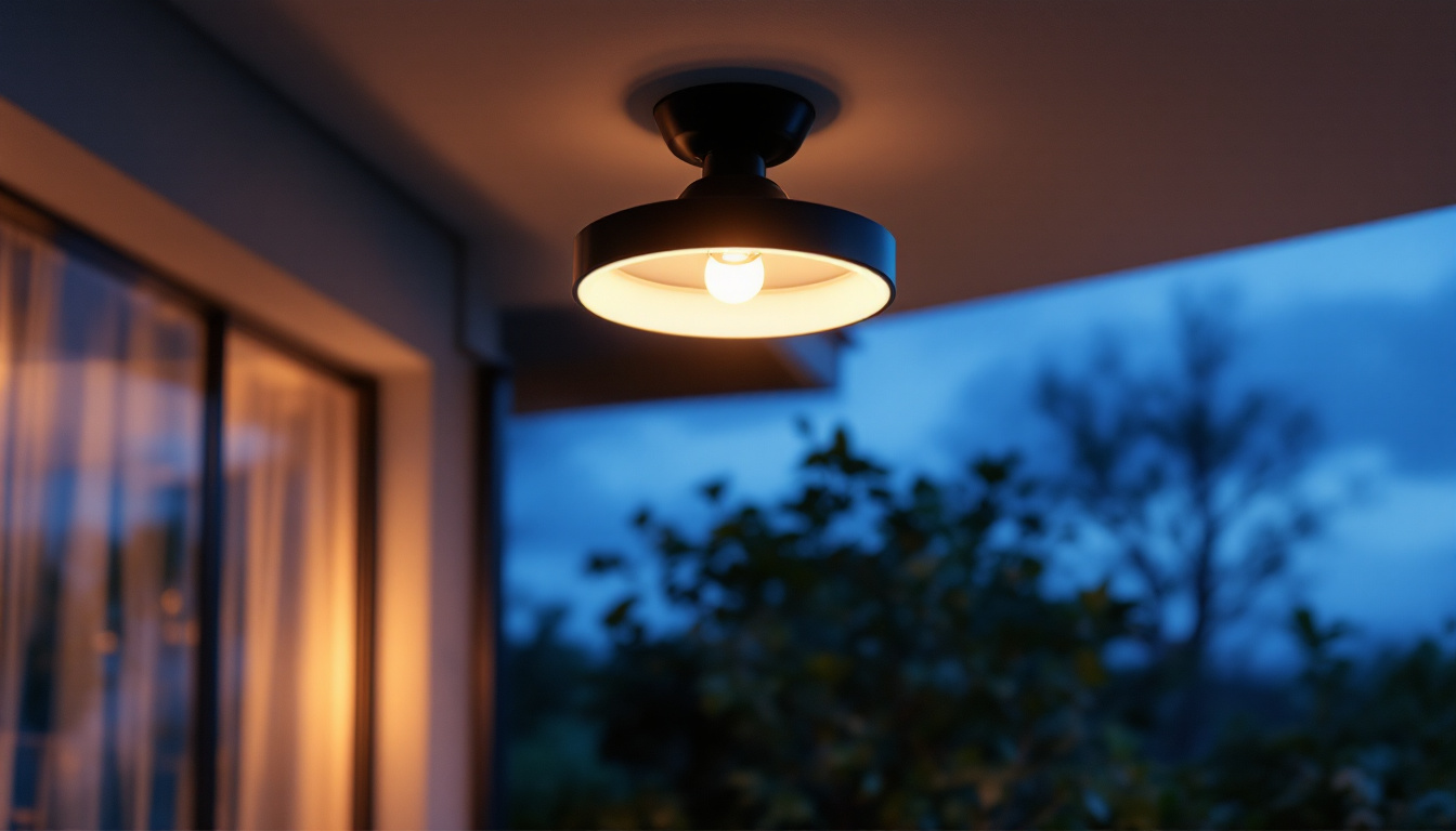 A photograph of a beautifully designed exterior ceiling light fixture installed in a stylish outdoor setting