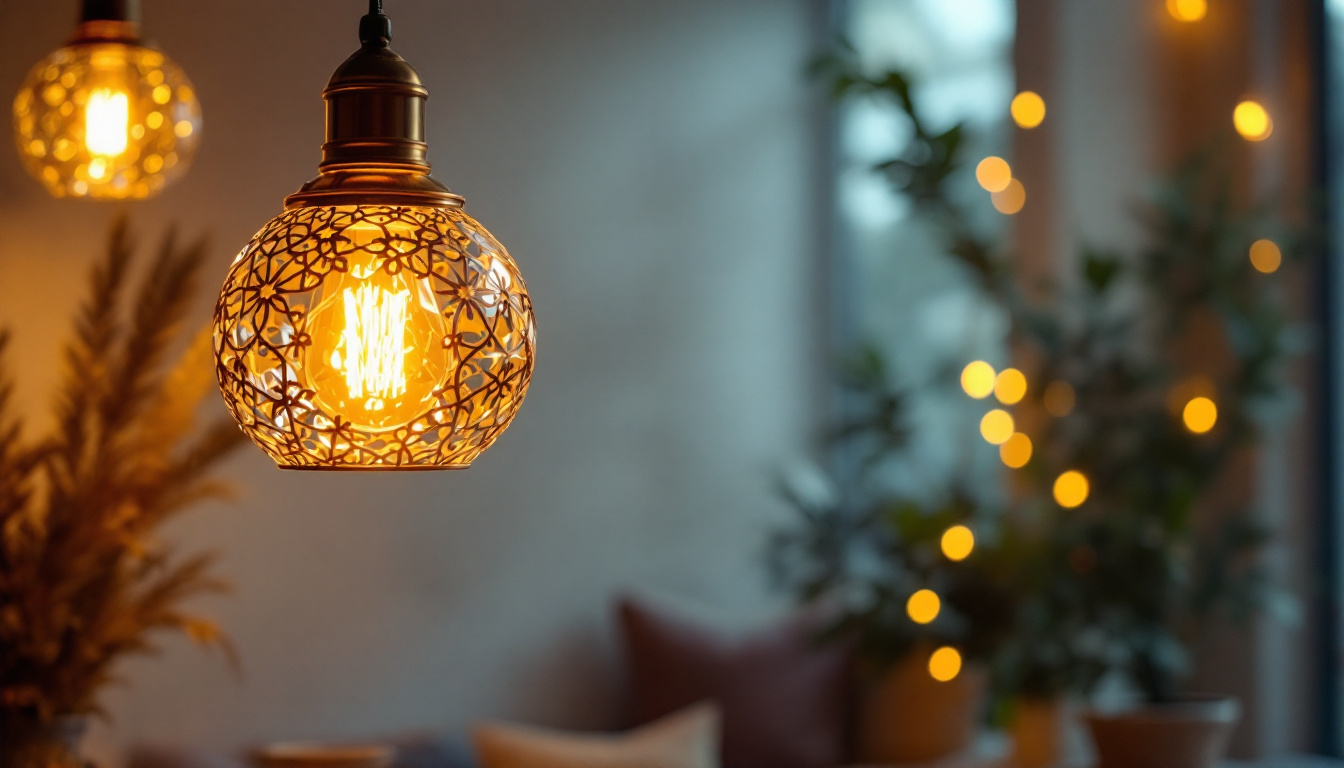 A photograph of a beautifully designed unique pendant lamp hanging in an aesthetically pleasing setting