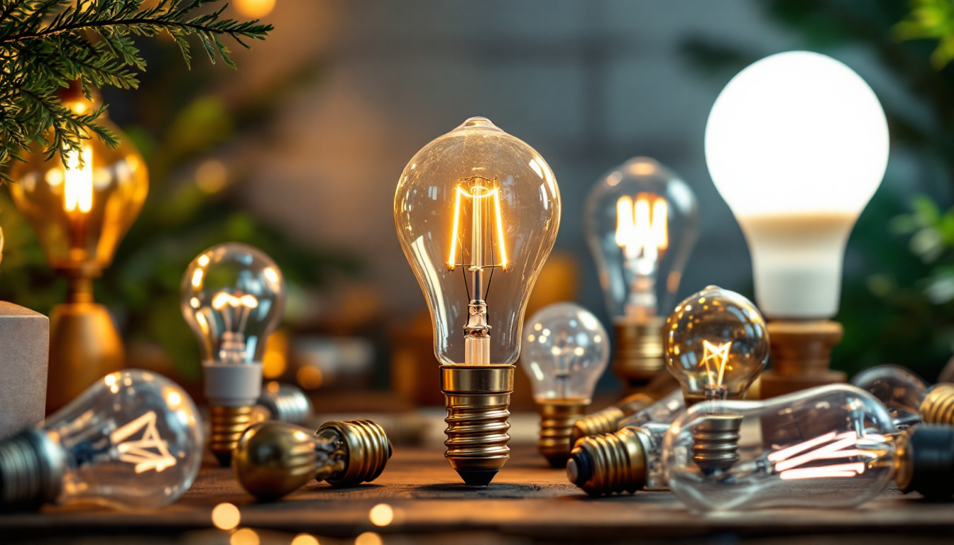 A photograph of a beautifully arranged display of various types of light bulbs