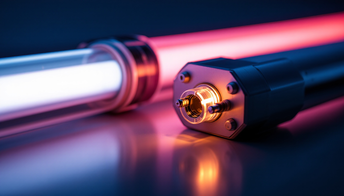 A photograph of a close-up shot of a fluorescent tube ballast alongside a lit fluorescent tube