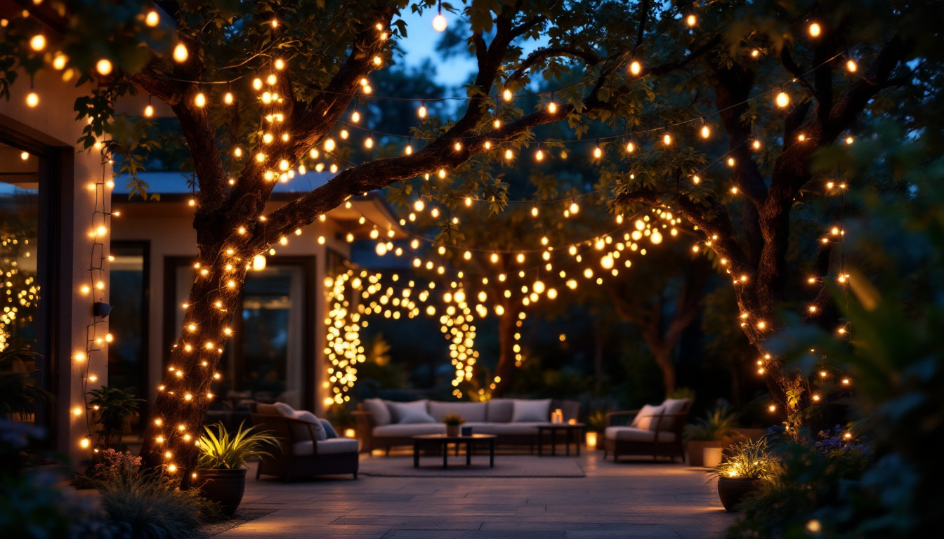 A photograph of a beautifully illuminated outdoor setting featuring solar-powered string lights draped elegantly across trees or a patio