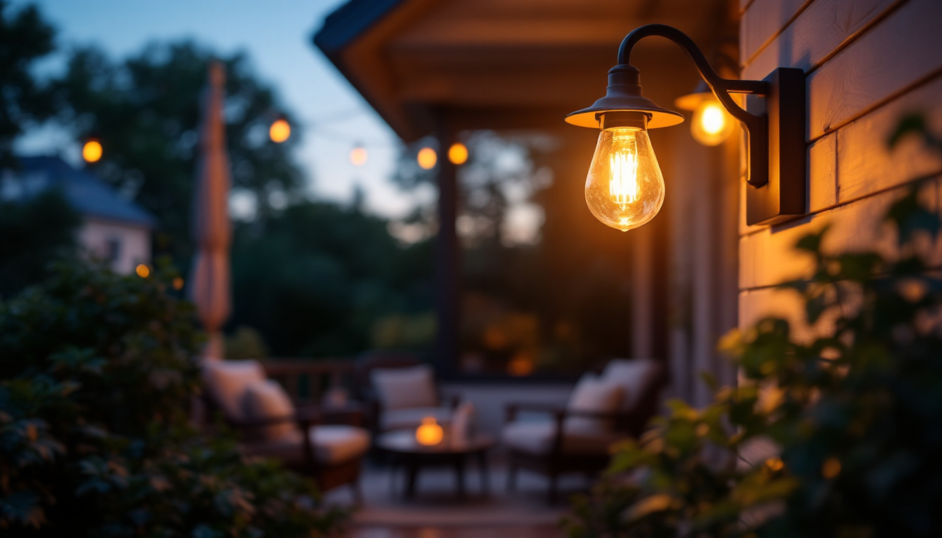 A photograph of capture a photograph of a beautifully designed outdoor porch light fixture illuminated at dusk