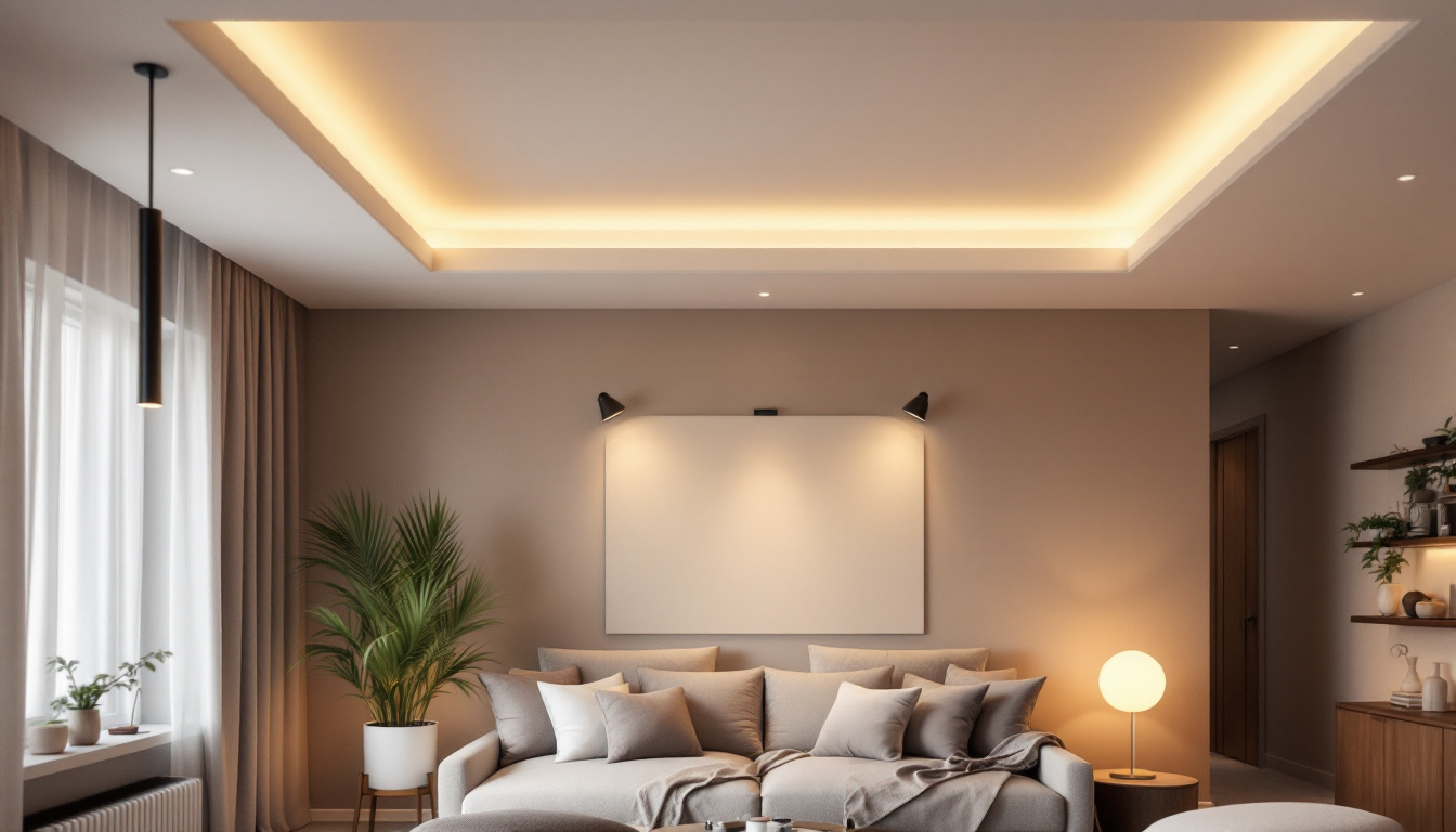 A photograph of a stylishly designed room featuring can lights installed in the ceiling