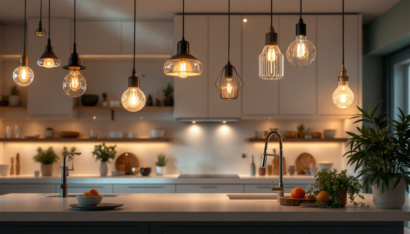 A photograph of a beautifully designed kitchen featuring a variety of ceiling light fixtures that illuminate the space