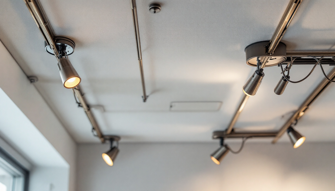 A photograph of a well-lit ceiling with stylish metal fixtures