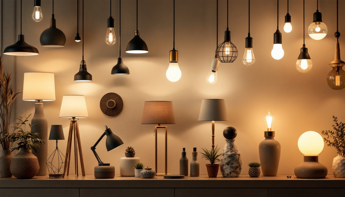 A photograph of a beautifully arranged display of various lamp fixtures in different styles and materials