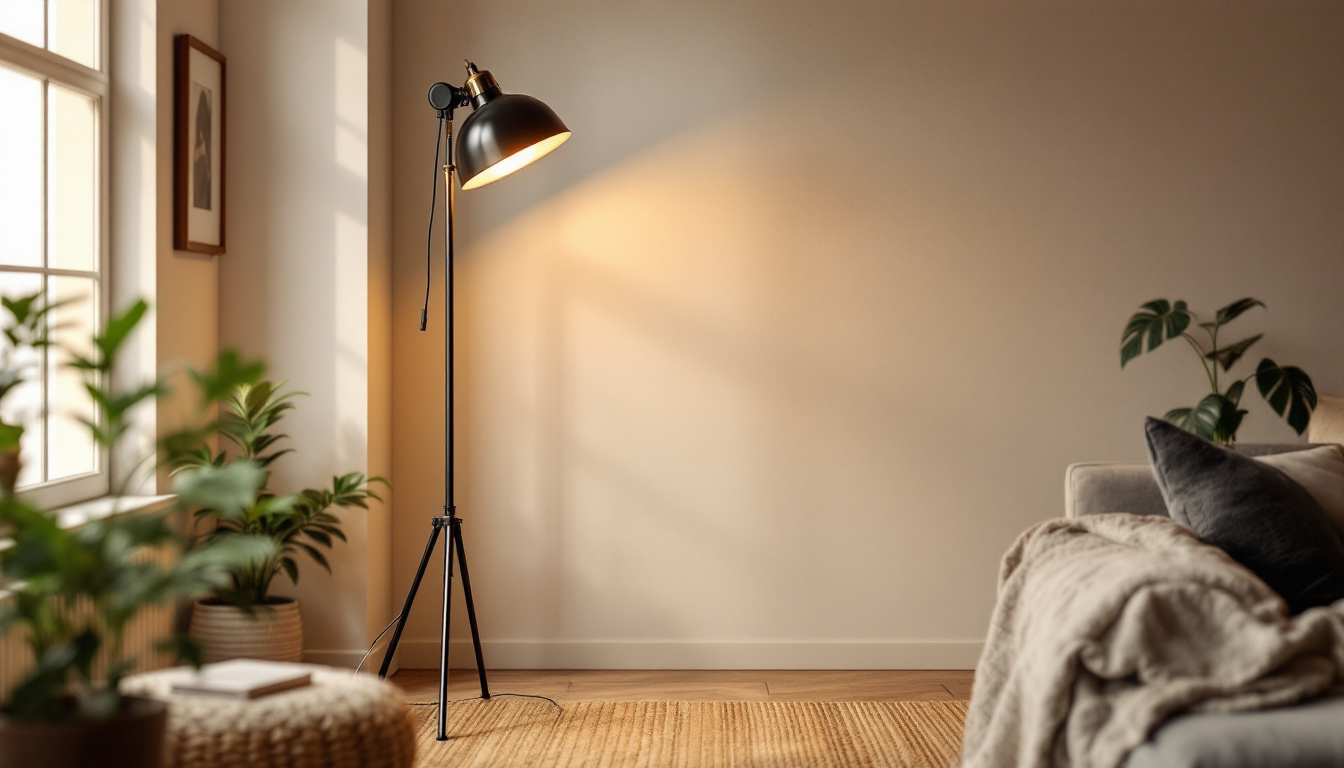 A photograph of a stylish industrial floor lamp in a well-designed interior setting