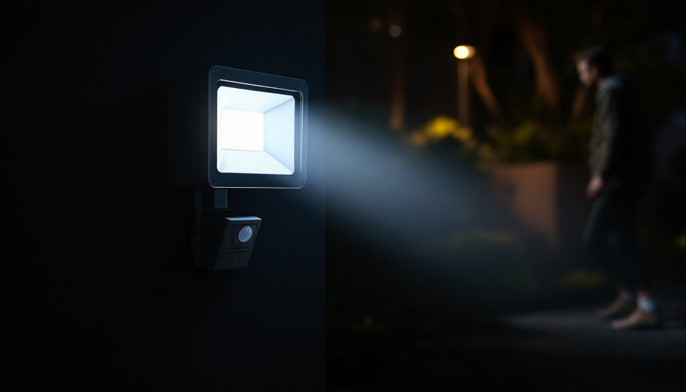 A photograph of a motion sensor floodlight illuminating a dark outdoor space