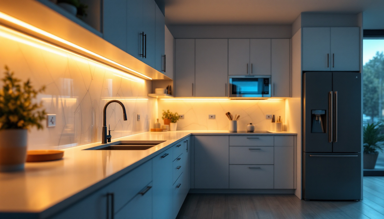 A photograph of a beautifully illuminated kitchen showcasing warm under-cabinet lighting that highlights the countertops and creates an inviting atmosphere