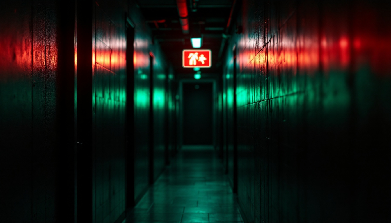 A photograph of a well-lit emergency exit sign illuminated in vibrant green against a darkened hallway