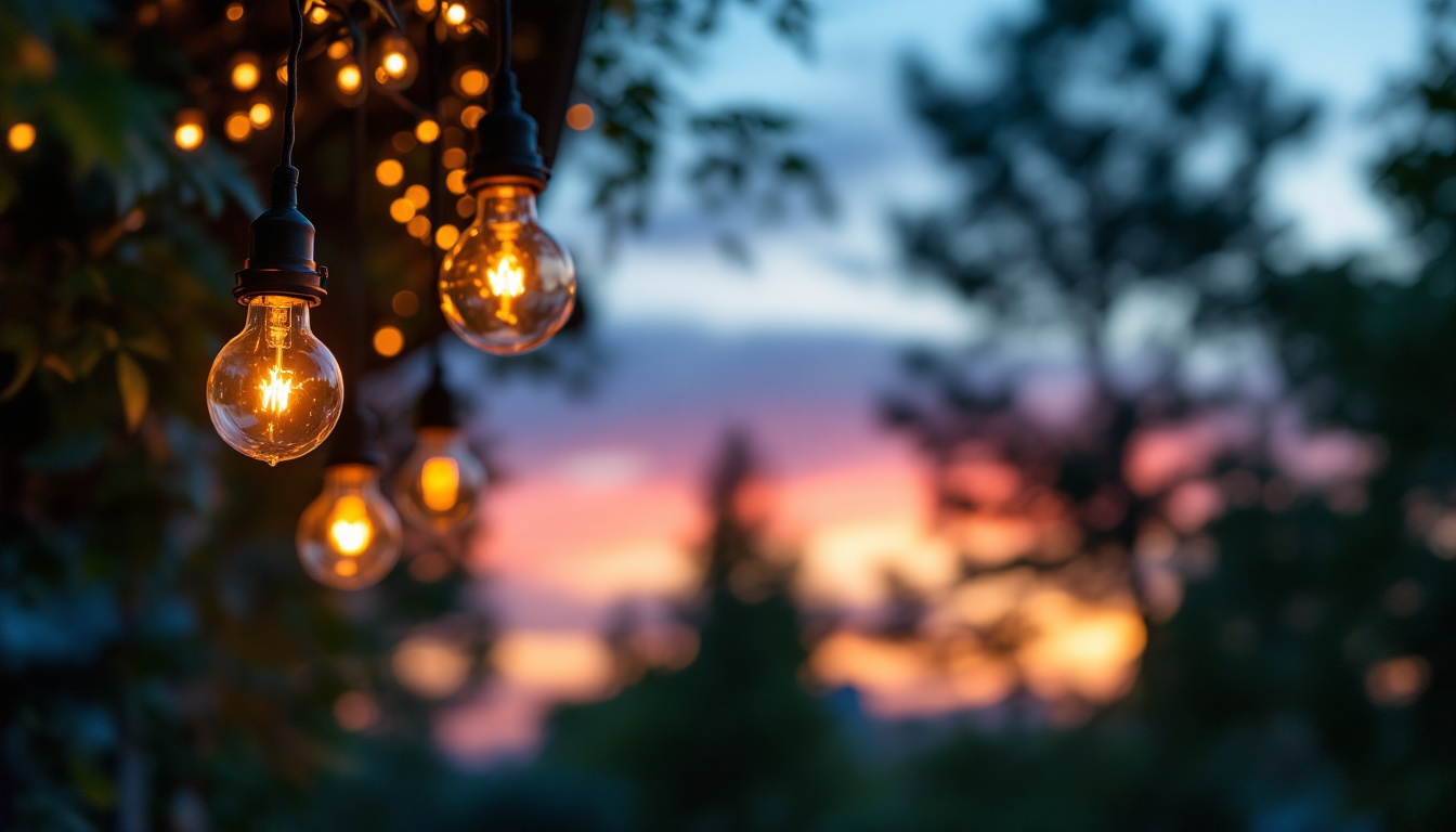 A photograph of a beautifully illuminated outdoor space featuring a stylish hanging light fixture