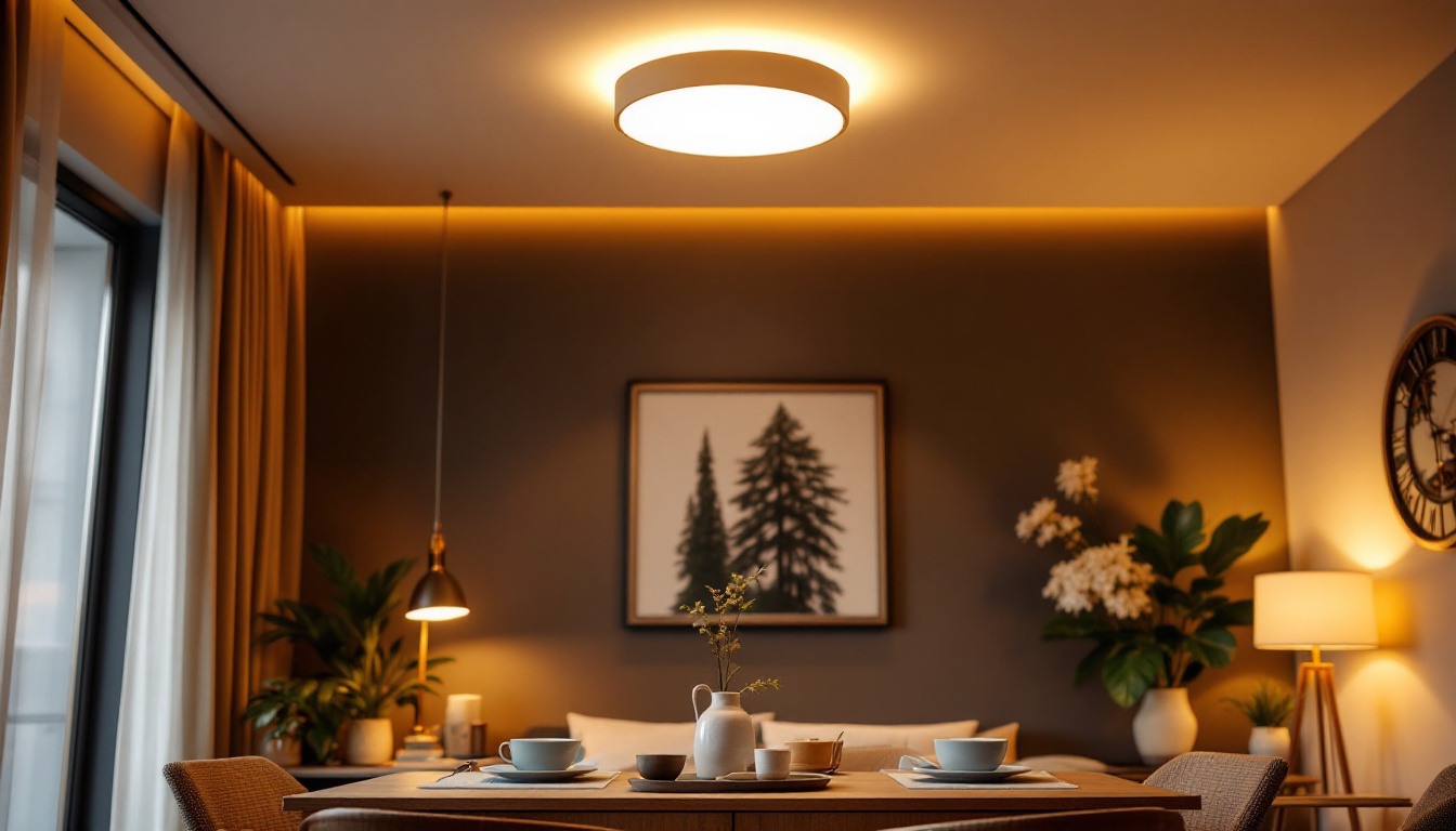 A photograph of a stylish modern flush mount led ceiling light installed in a well-decorated room