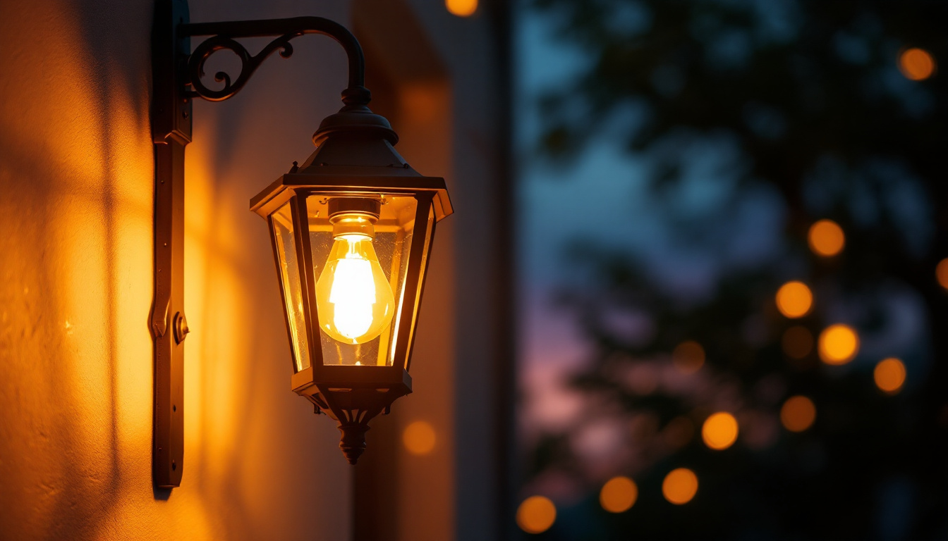 A photograph of a beautifully lit porch lamp at dusk