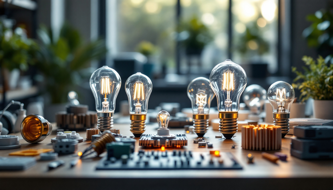 A photograph of a well-lit workspace featuring various led light fixture components