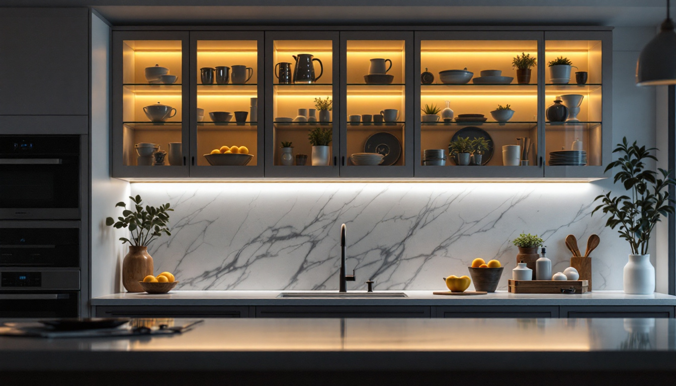 A photograph of a beautifully illuminated kitchen featuring stylish under cabinet lighting that highlights the countertops and enhances the overall ambiance