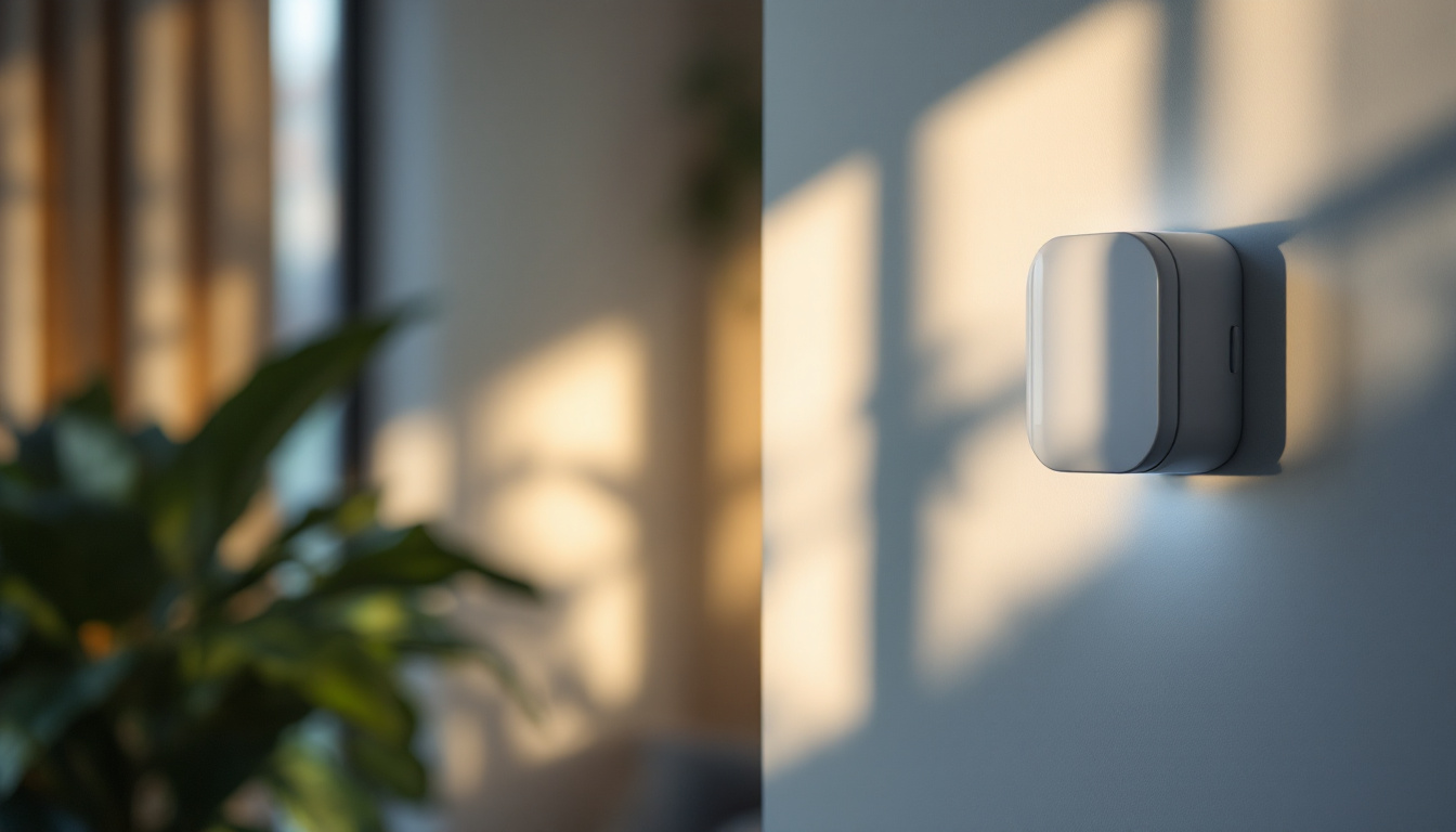 A photograph of a modern occupancy detector installed in a stylishly lit room