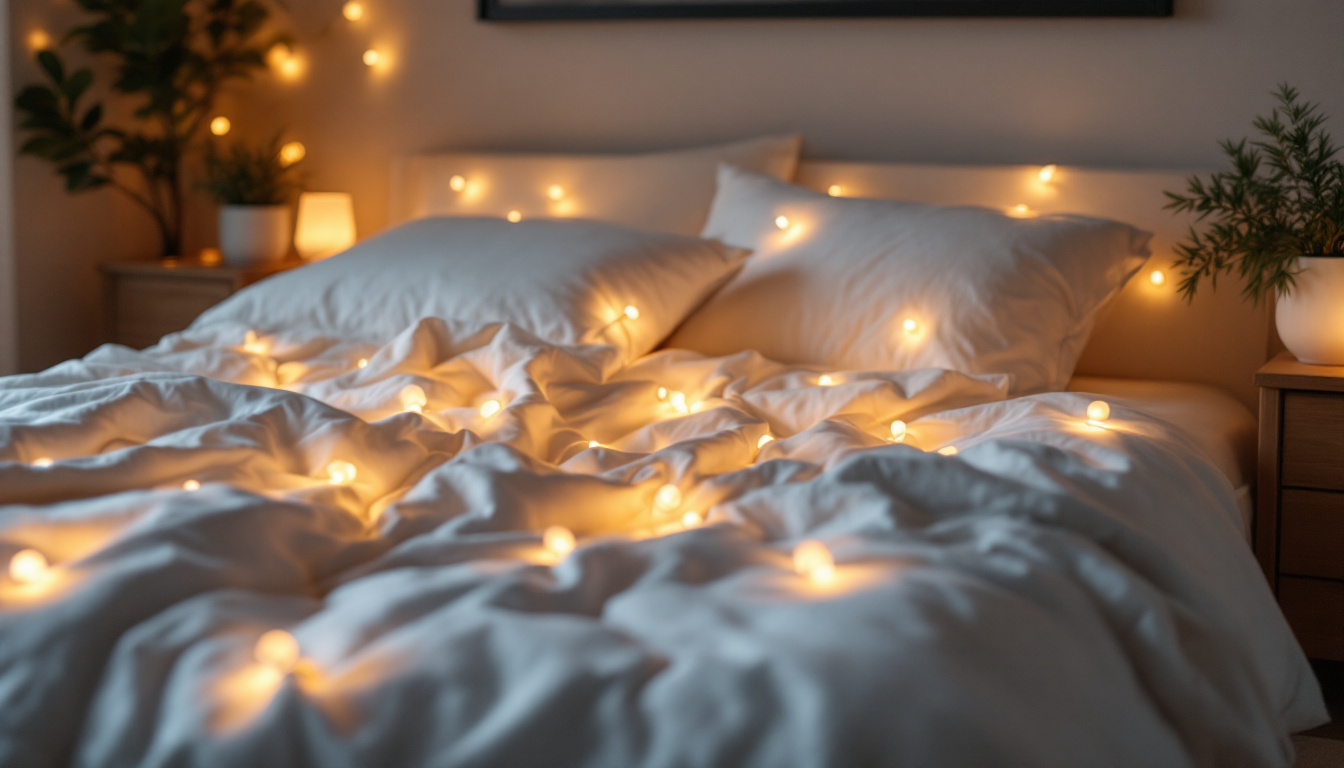 A photograph of a cozy bedroom scene featuring soft