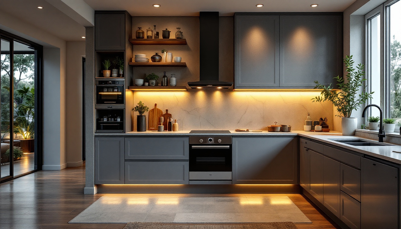 A photograph of a beautifully designed kitchen featuring recessed lighting