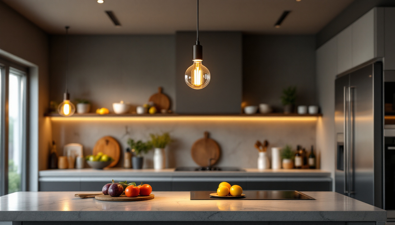 A photograph of a beautifully designed kitchen featuring an elegant ceiling light that enhances the space