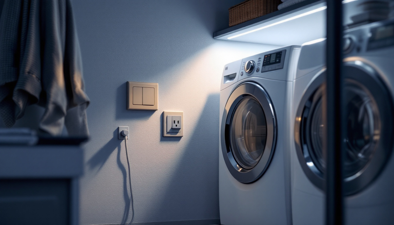 A photograph of a well-lit laundry room featuring a modern washer and dryer setup