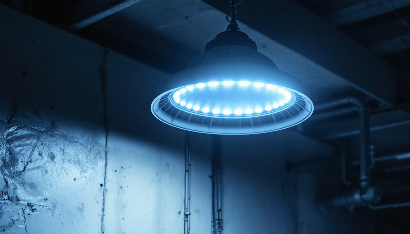 A photograph of a high bay led light installed in an industrial or commercial setting