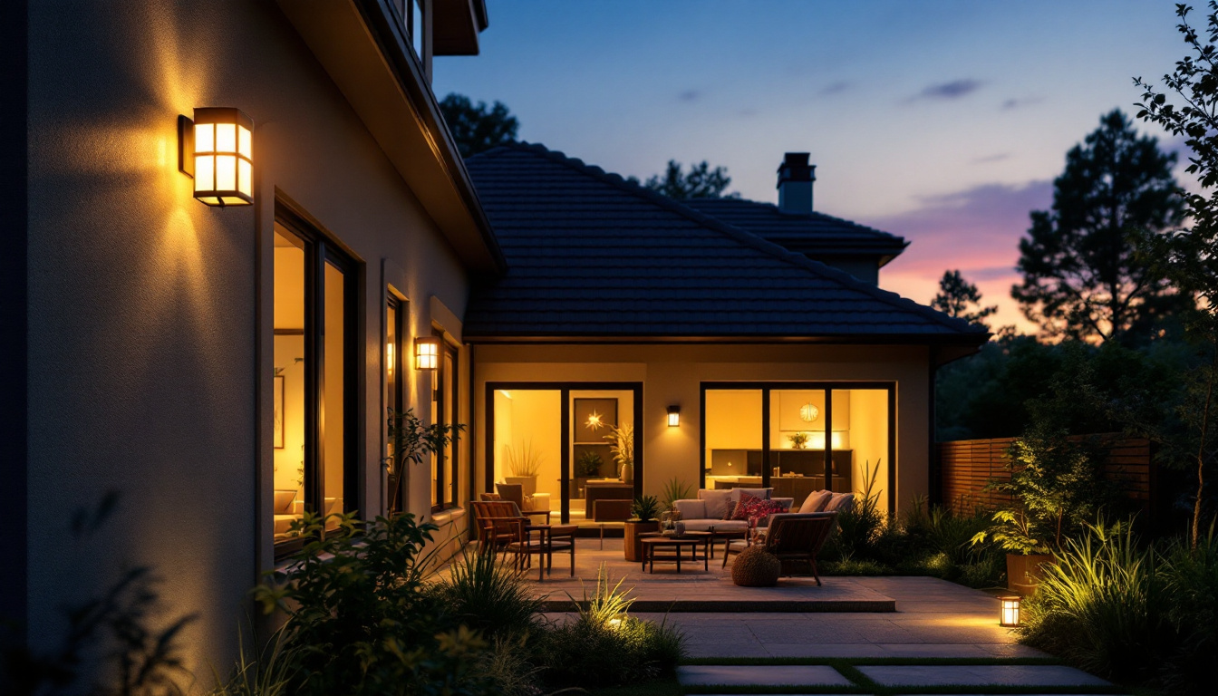 A photograph of a beautifully lit outdoor space showcasing various stylish house light fixtures in use