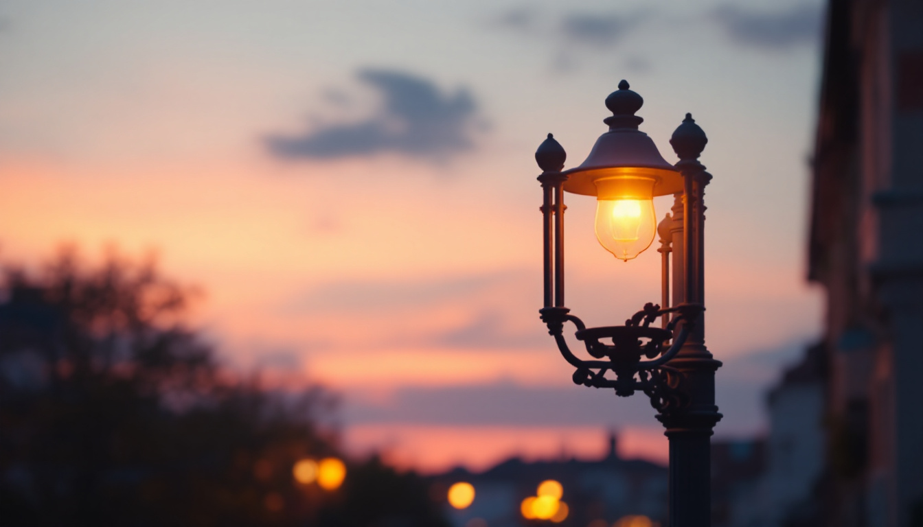 A photograph of a beautifully illuminated street light post at dusk