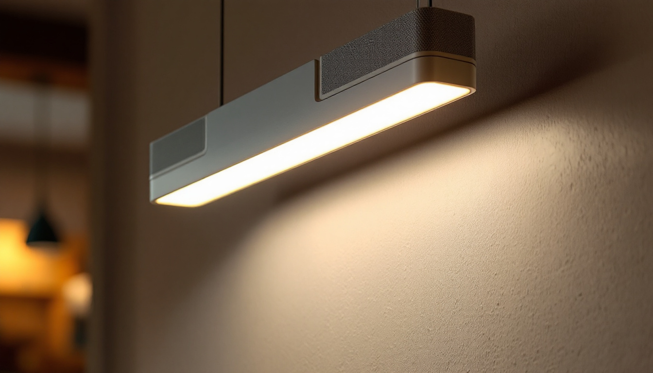 A photograph of capture a photograph of a modern 4-foot led light fixture installed in a stylish interior setting