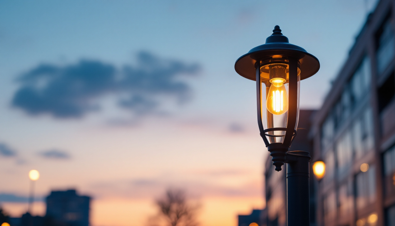 A photograph of a stylish commercial light post illuminated at dusk
