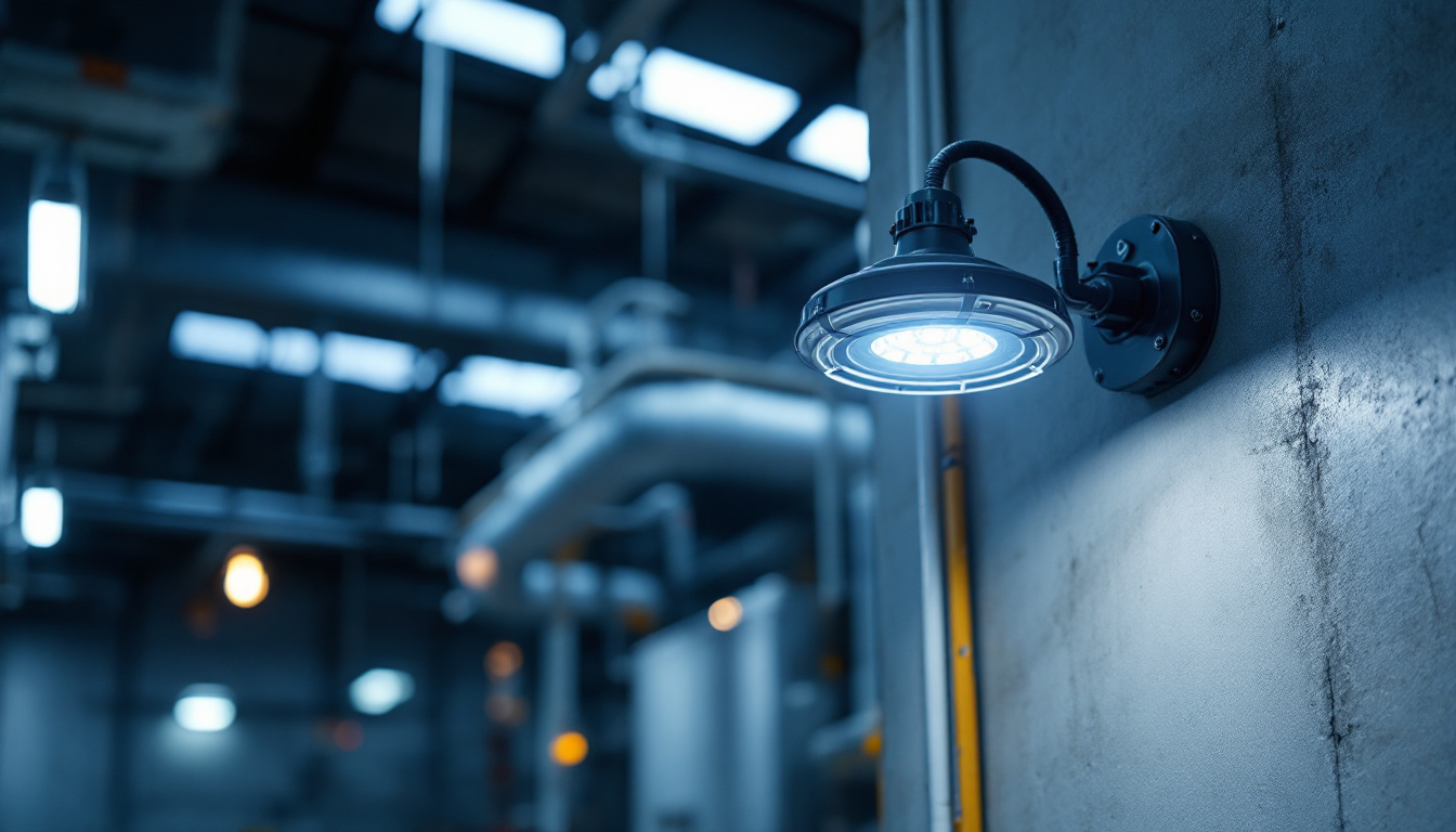 A photograph of an explosion-proof light fixture installed in an industrial setting
