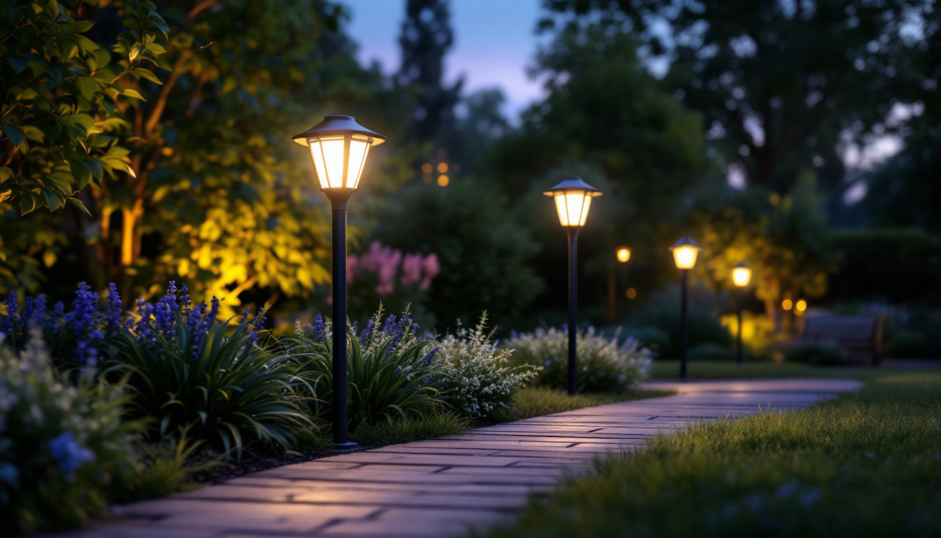 A photograph of a beautifully illuminated garden scene at dusk