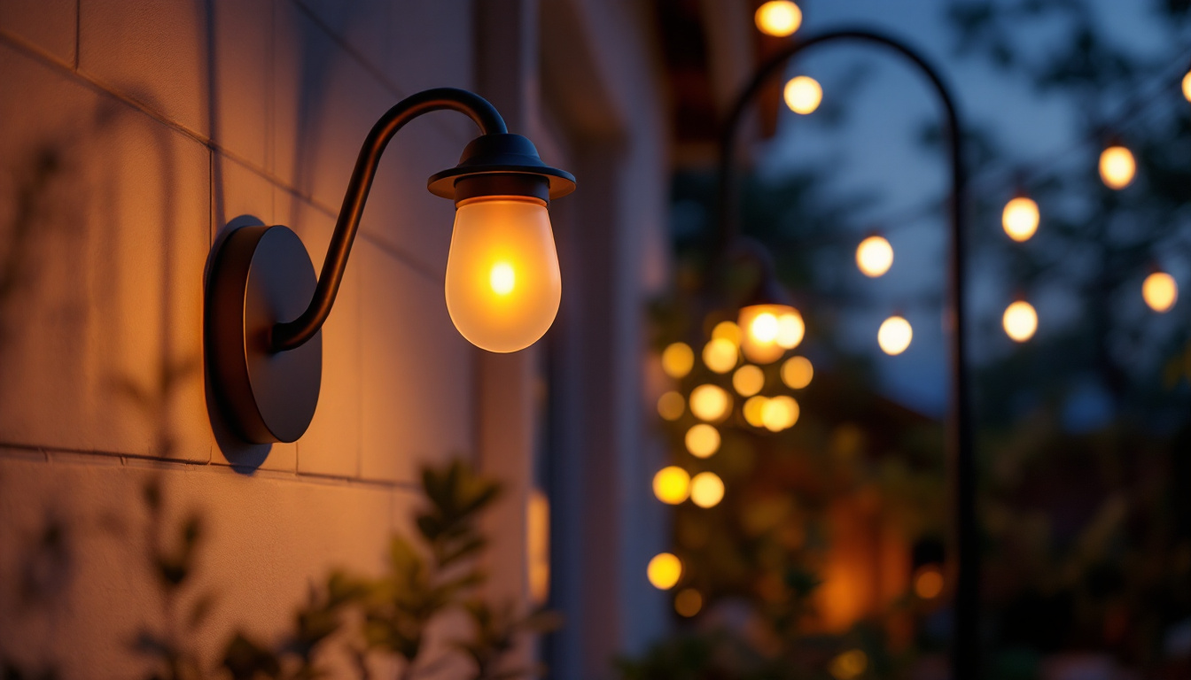 A photograph of a beautifully designed gooseneck outdoor light fixture illuminating a cozy outdoor space