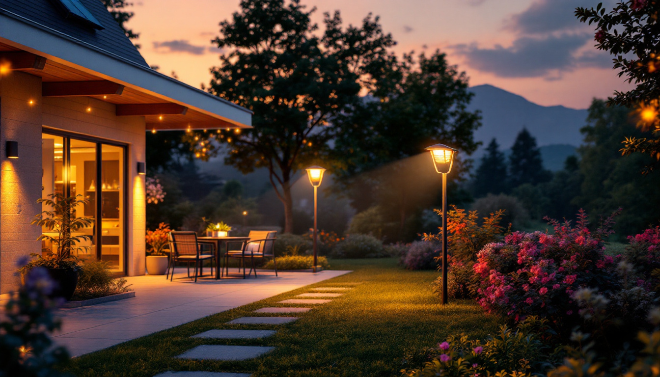A photograph of a beautifully illuminated outdoor space featuring solar flood lights in action at dusk